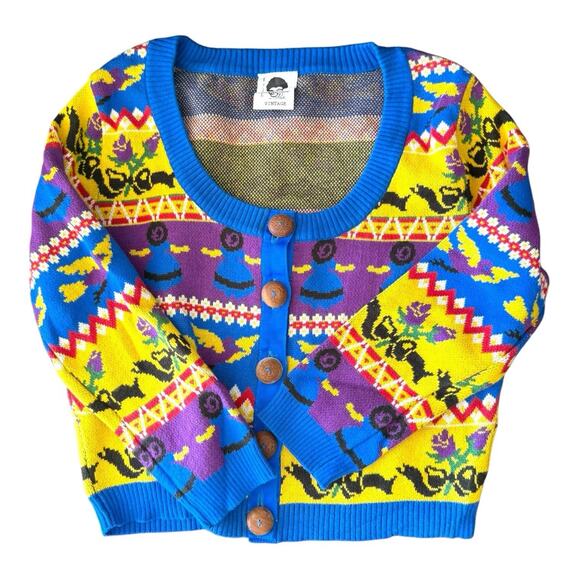 Vintage Betsey Johnson Punk Label Crop Cardigan Alley Cat Fair Aisle Print L Mod - Picture 1 of 16